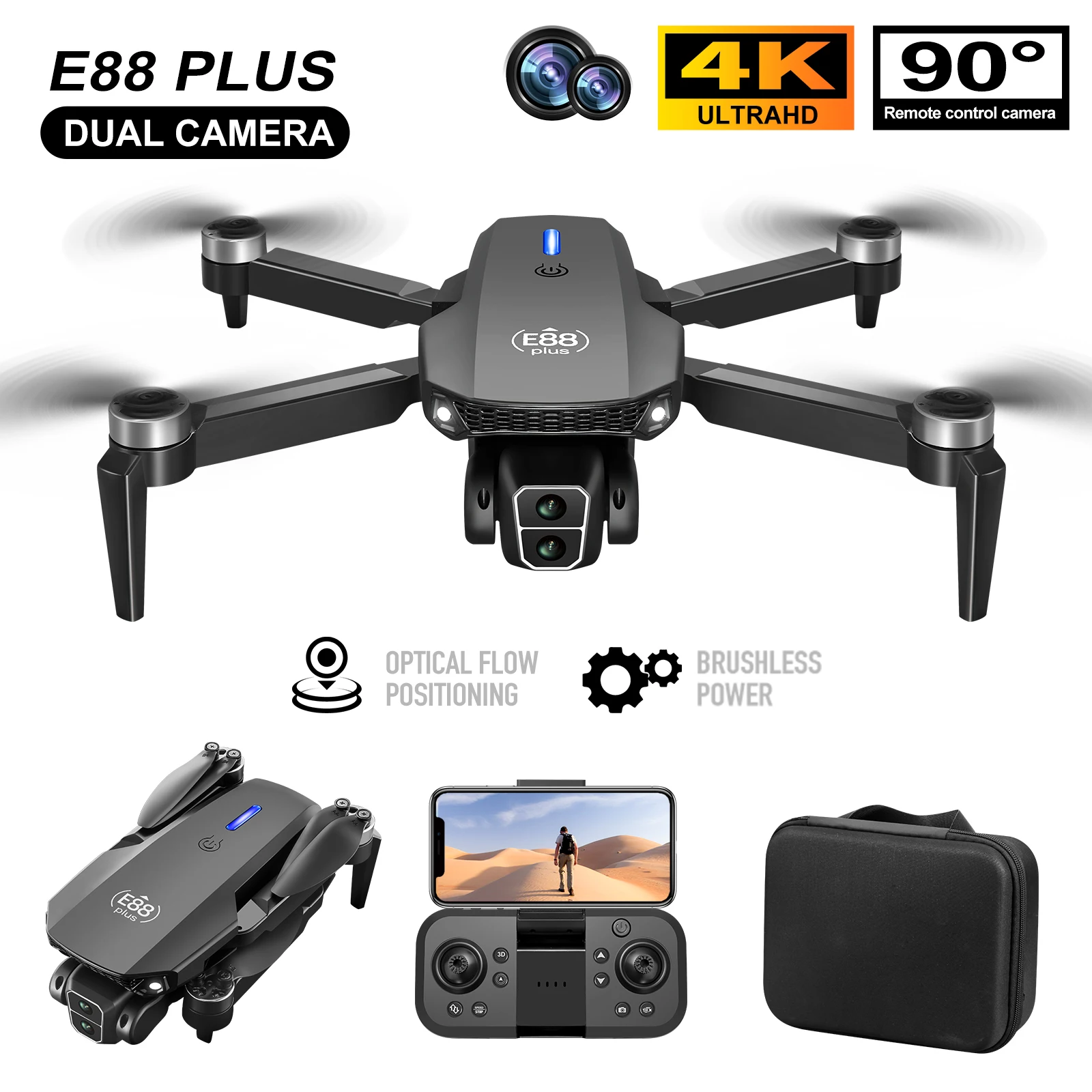 Drone Battery Case - 新型E88 Plusクアッドコプタードローン：90 ° 電動調整カメラ、ブラシレスモーター、オプティカルフローポジショニングおもちゃ